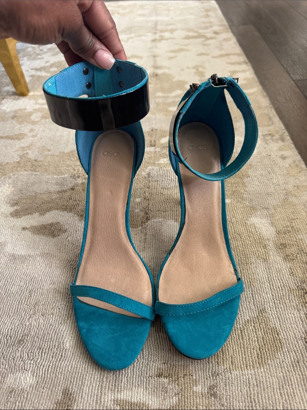 ASOS Teal Suede Ankle-Strap Heels with Black Patent Cuff